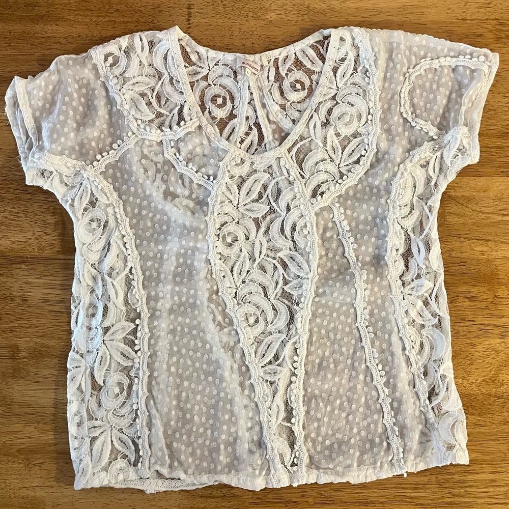 Sundance White Lace See Through Top Short Sleeve Shirt 100% Silk